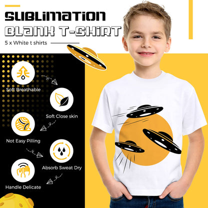 5 Pack Youth Sublimation Blank T Shirt White Polyester Shirts Crew Neck Short Sleeve Sublimation T Shirt (Medium)