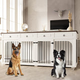 86.6" Large Dog Crate Furniture for 2 Dogs,XXXL Wooden Furniture Style Double Dog Crates Kennel Cage TV Stand End Table with 4 Drawers Divider Locks,White Pitmoto