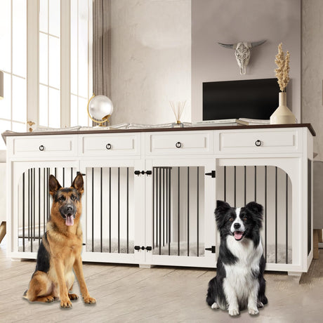 86.6" Large Dog Crate Furniture for 2 Dogs,XXXL Wooden Furniture Style Double Dog Crates Kennel Cage TV Stand End Table with 4 Drawers Divider Locks,White Pitmoto