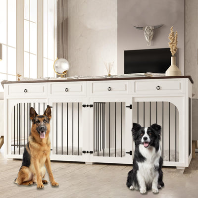 86.6" Large Dog Crate Furniture for 2 Dogs,XXXL Wooden Furniture Style Double Dog Crates Kennel Cage TV Stand End Table with 4 Drawers Divider Locks,White