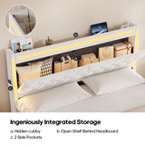 HAUOMS Queen Bed Frame with 3 XL Storage Drawers, Storage Headboard with RGB Lights & Charging Station, Velvet Upholstered Platform Bed Queen Size, No Box Spring Needed, Noise-Free, Creamy White HAUOMS