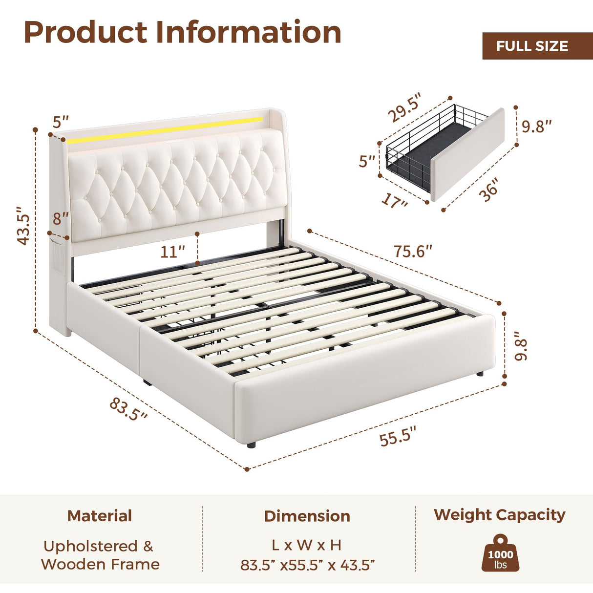 Full LED Velvet Bed Frame with 2 Storage Drawers&Hidden Headboard, Upholstered Platform Bed with Charging Station&Button Tufted Design, Wooden Slats Support, Box Spring Optional, Easy Assembly, Beige Jocoevol