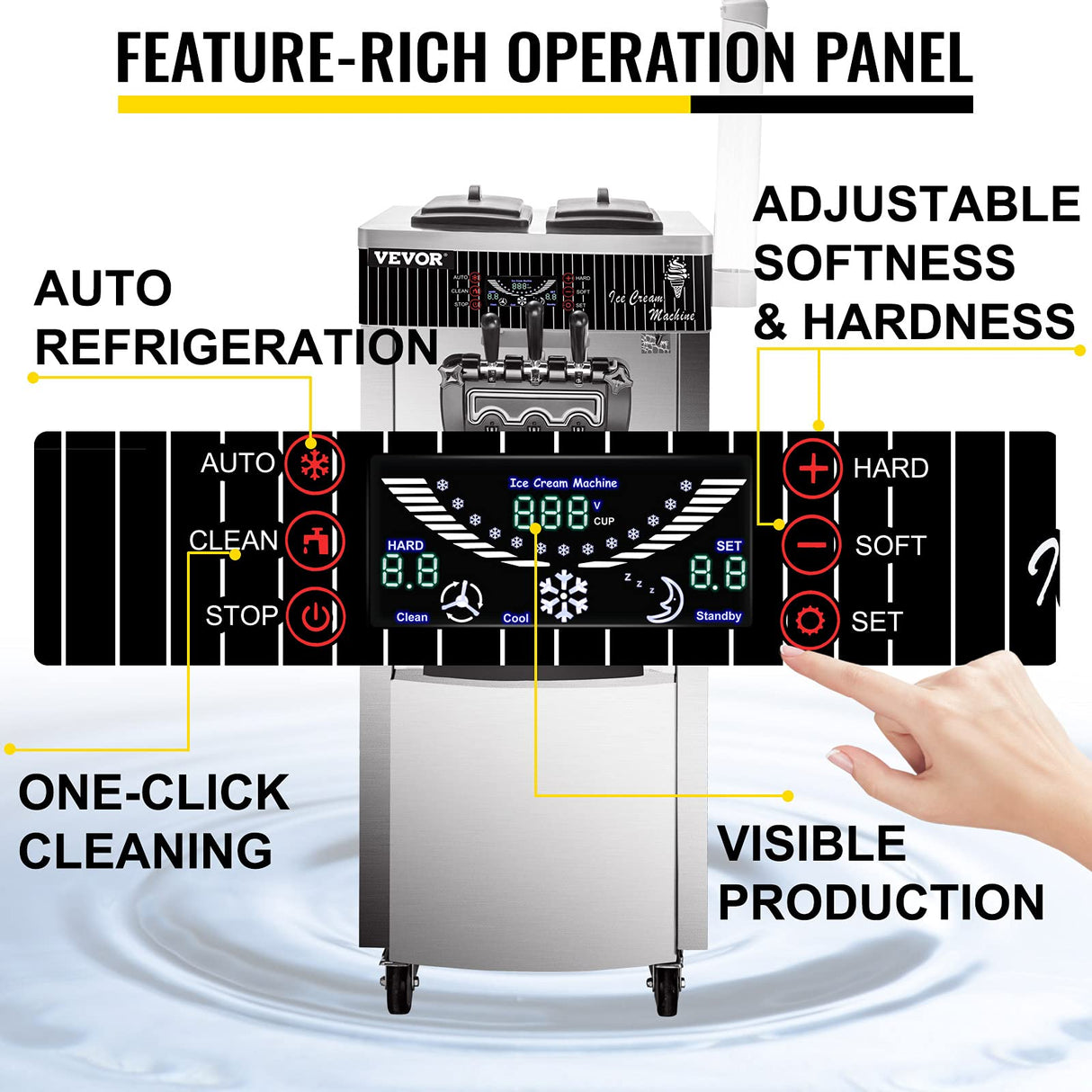 VEVOR Commercial Soft Ice Cream Machine, 2200W Serve Yogurt Maker, 3 Flavors Ice Cream Maker, 5.3 to 7.4 Gallons per Hour Auto Clean LCD Panel for Restaurants Snack Bars, Stainless Steel VEVOR