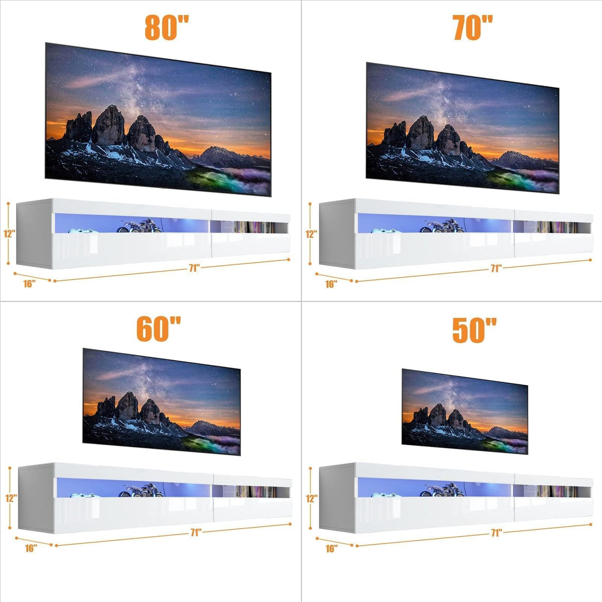 Floating TV Stand Wall Mounted with Power Outlet, Modern Floating Entertainment Center for 80 Inch TV, High Gloss Floating TV Shelf with LED Lights for Living Room, Bedroom, White Doredo