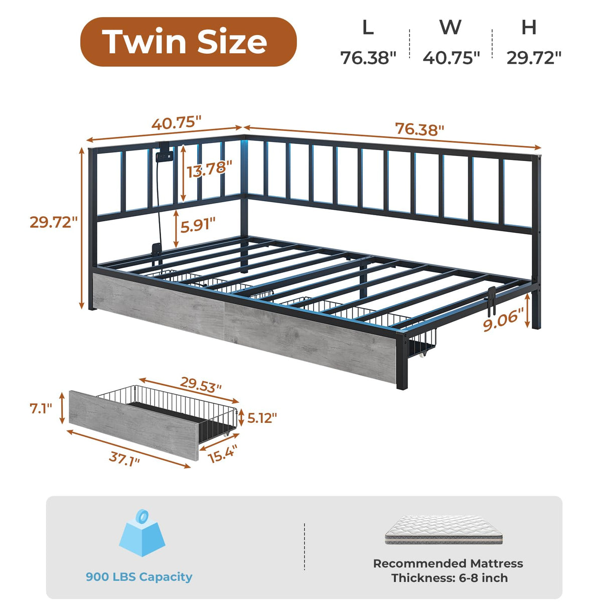 DICTAC Twin Size Corner Bed Frame with 2 Storage Drawers and Led Lights Metal Platform Bed Frame with Charging Station Modern Twin Daybed Frame for Living Room, Bedroom and Guest Room, Black&Gray DICTAC