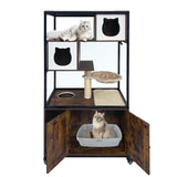 Litter Box Furniture Cat Tree with Litter Box Enclosure, Wooden Metal Frame Hidden Cat Washroom on Wheels with Hammock, Scratching Mat & Post,Fit Most Litter Box Retro Brown Hipicute
