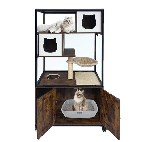 Litter Box Furniture Cat Tree with Litter Box Enclosure, Wooden Metal Frame Hidden Cat Washroom on Wheels with Hammock, Scratching Mat & Post,Fit Most Litter Box Retro Brown Hipicute