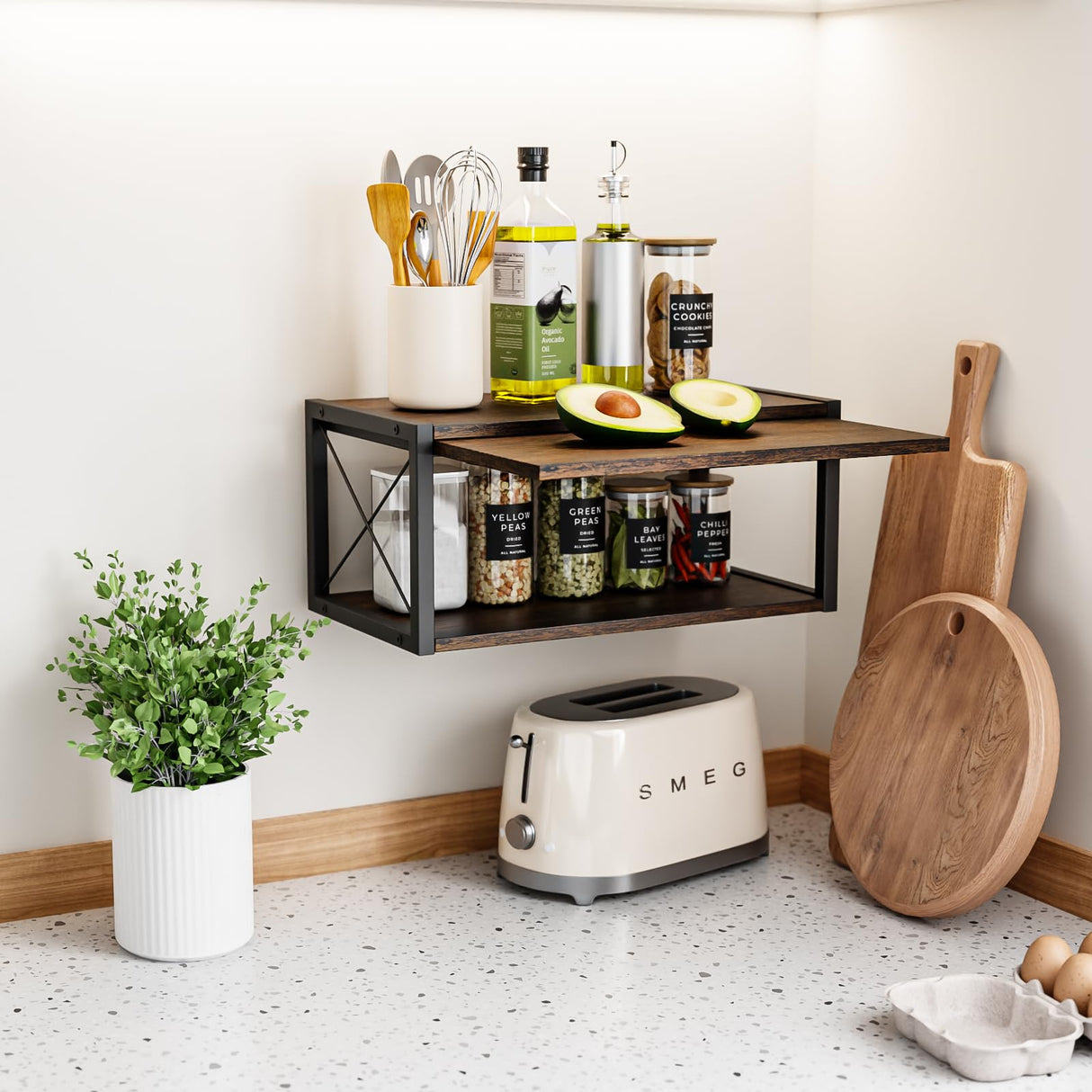 2-Tier Floating Nightstand, Wall Mounted Bedside Table, Wood Bedside Shelf Wall Mounted Nightstand, Floating Bedside Table Wall Shelf for Bedroom, Living Room, Kitchen, Office, Rustic Brown FNBAR