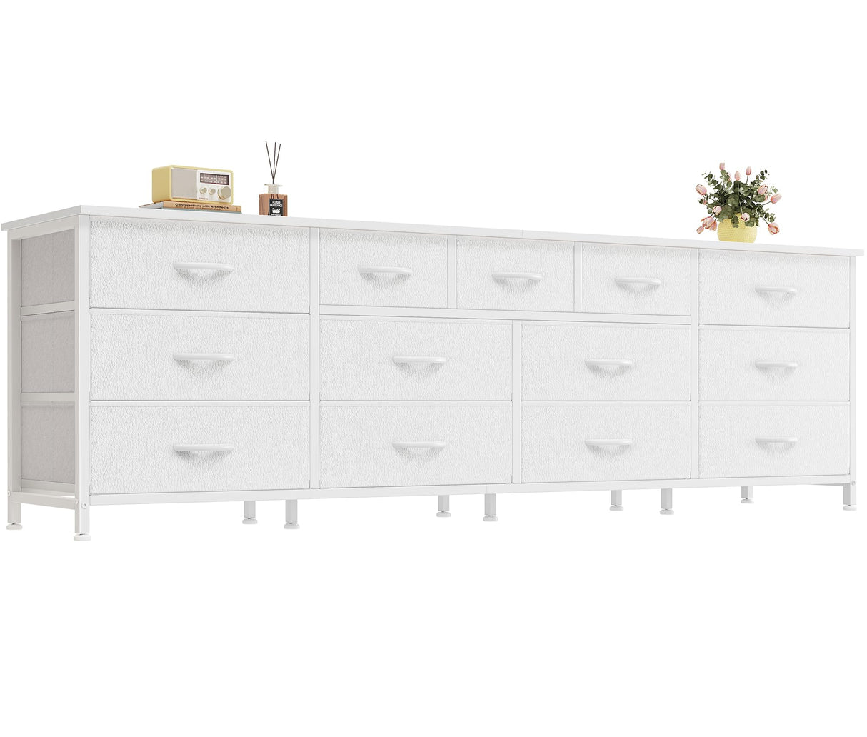 Huuger 70 Inch White Dresser for Bedroom, TV Stand for 65, 75, 80 Inch TV, 13 Fabric Drawer Long Dresser, Wide Chest of Drawer, Storage Units for Bedroom Huuger