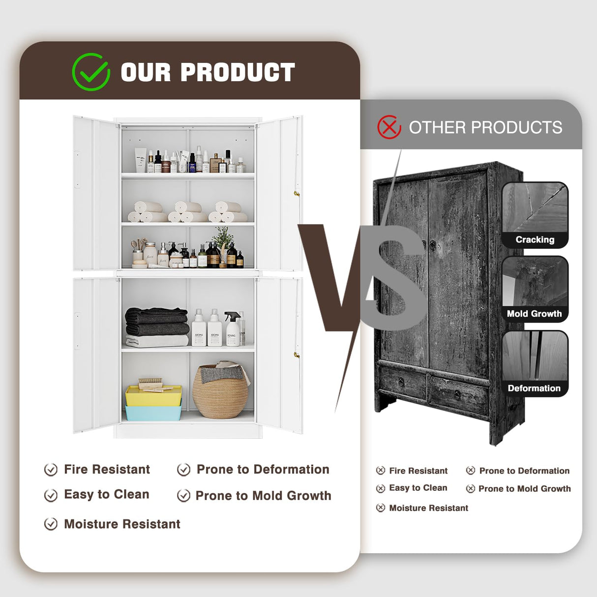 Fesbos White Pantry Cabinet and Organizers - 71”H Kitchen Metal Storage Cabinet with 4 Doors and 3 Adjustable Shelves for Kitchen, Living Room and Dinning Room Fesbos