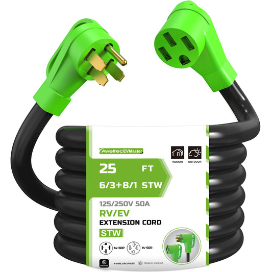 EVMaster 50 Amp 25 FT RV/EV Power Extension Cord,NEMA 14-50P to 14-50R,Heavy Duty 6/3 + 8/1 Gauge STW Wire with Grip Handle,UL Listed - WoodArtSupply