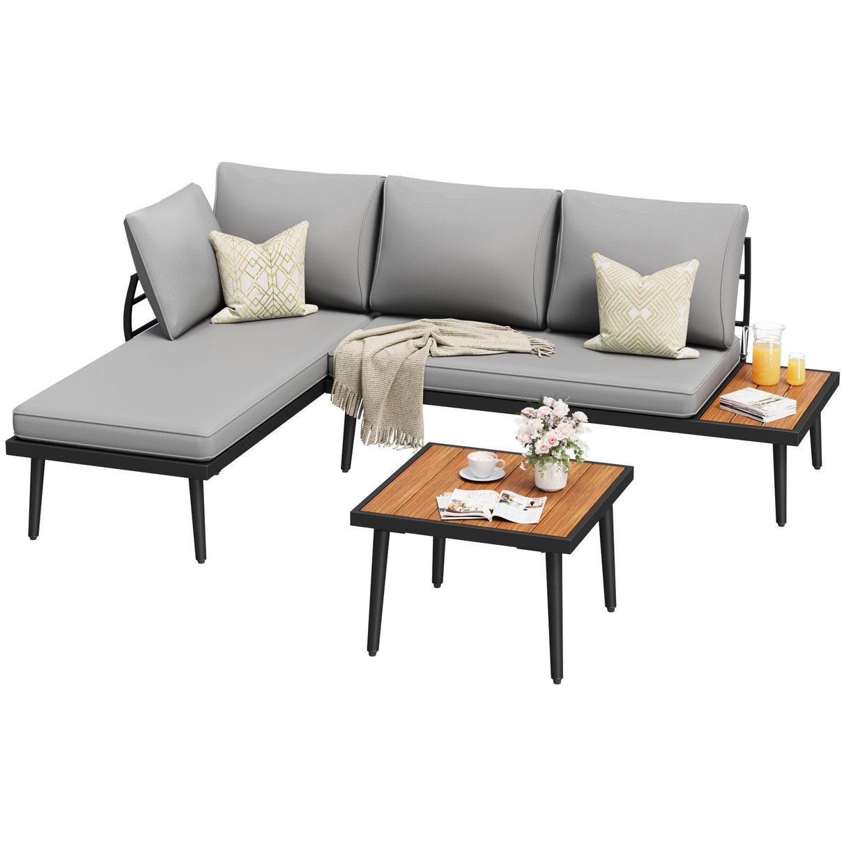 Greesum Outdoor Sectional Sofa Set L-Shaped Metal Patio Furniture with All-Weather Cushions and Built-in Side Coffee Table for Garden, Lawn, Backyard, Poolside, Gray Greesum
