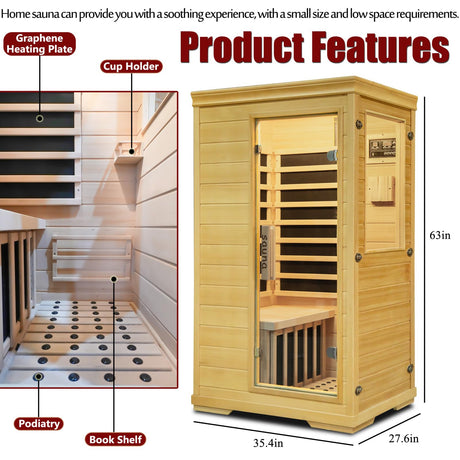 Far Infrared Sauna,1 Person Indoor Side-Opening Home Sauna Canadian Hemlock Wood Dry Sauna 1050W Carbon Heating Panels Infrared Home Spa Homsido