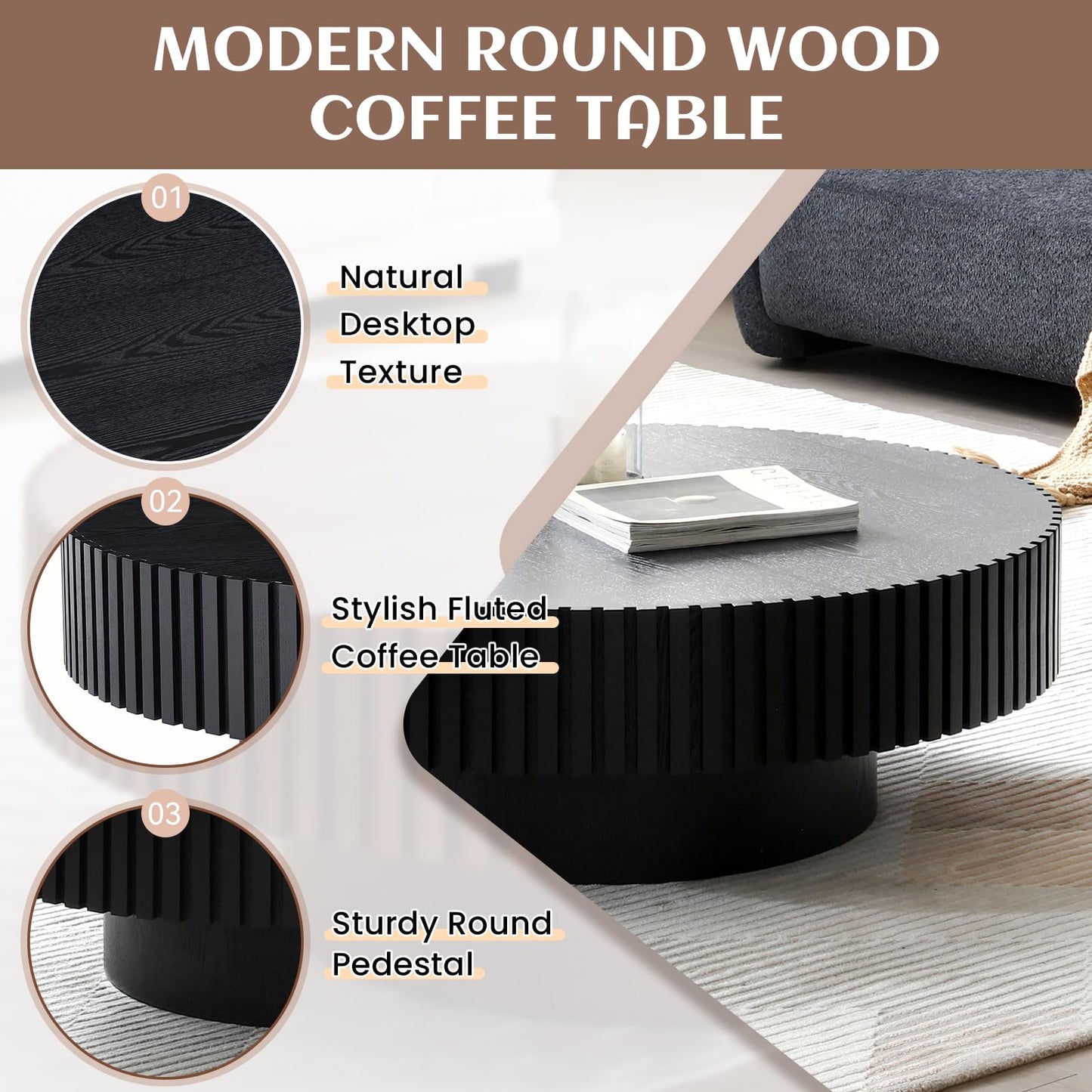 31.49" Round Wood Coffee Table, Modern Unique Circle Coffee Table, Contemporary Oak Drum Fluted Coffee Table Accent Side Table Center Table for Living Room, Small Space, Apartment, Black