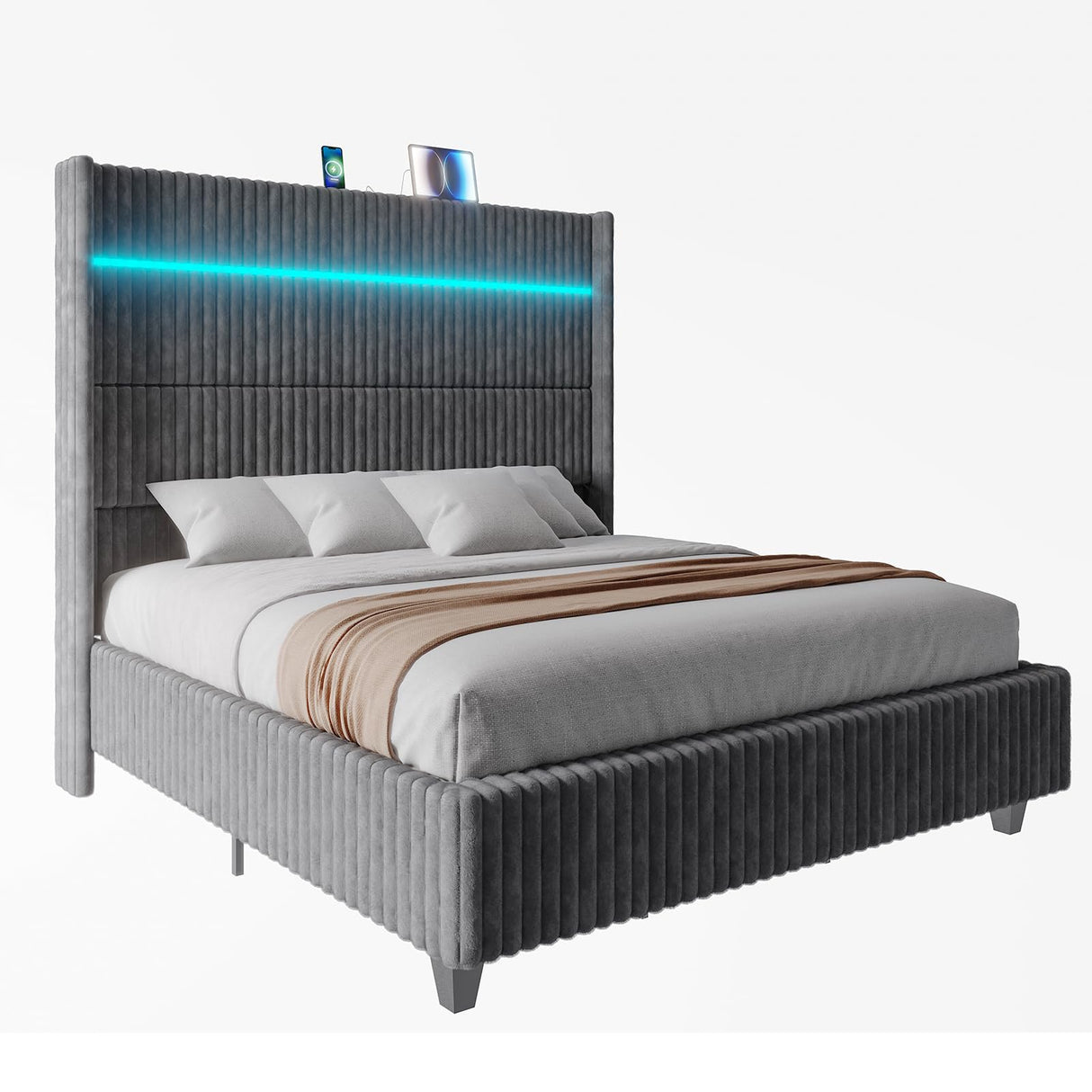 Jocisland 60" Tall King Bed Frame with LED Lights, Corduroy Upholstered Platform Bed Frame with Wingback Headboard and Charging Station/No Box Spring Needed/Grey Jocisland