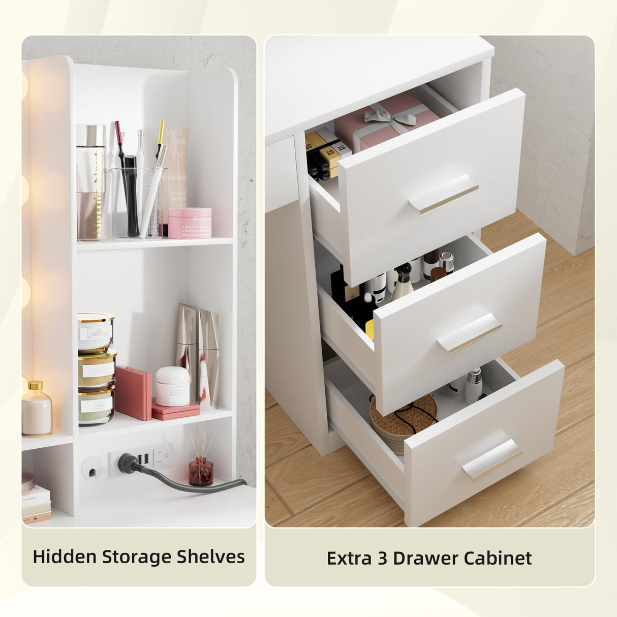 JUMMICO 39.3'' Vanity Desk with LED Lighted Mirror &Power Outlet, Makeup Vanity Table with 4 Large Drawers and 3 Storage Shelves, 3 Model Adjustable Lights for Bedroom & Dressing Room (White) JUMMICO