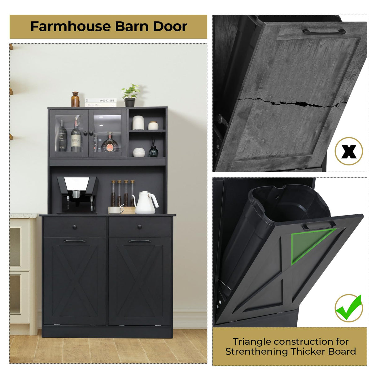 Arlopu Dual Tilt Out Trash&Storage Cabinet, Kitchen Sideboard Cupboard W/Pet Proof 10X2 Gal Hidden Garbage Holder, Freestand Laundry Sort Cabinet, W/Drawer, Shelves,Barn Door (Black) Arlopu