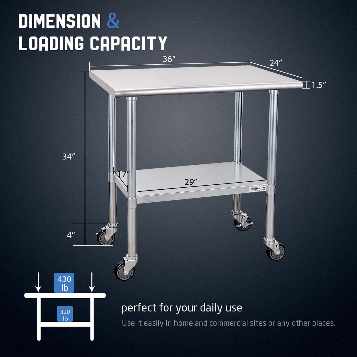 Profeeshaw Stainless Steel Table with Wheels 24x36 Inch, NSF Commercial Kitchen Prep & Work Table with Undershelf and Galvanized Legs for Restaurant, Bar, Utility Room and Garage Heavy Duty Table Profeeshaw