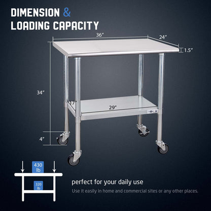 Profeeshaw Stainless Steel Table with Wheels 24x36 Inch, NSF Commercial Kitchen Prep & Work Table with Undershelf and Galvanized Legs for Restaurant, Bar, Utility Room and Garage Heavy Duty T - WoodArtSupply