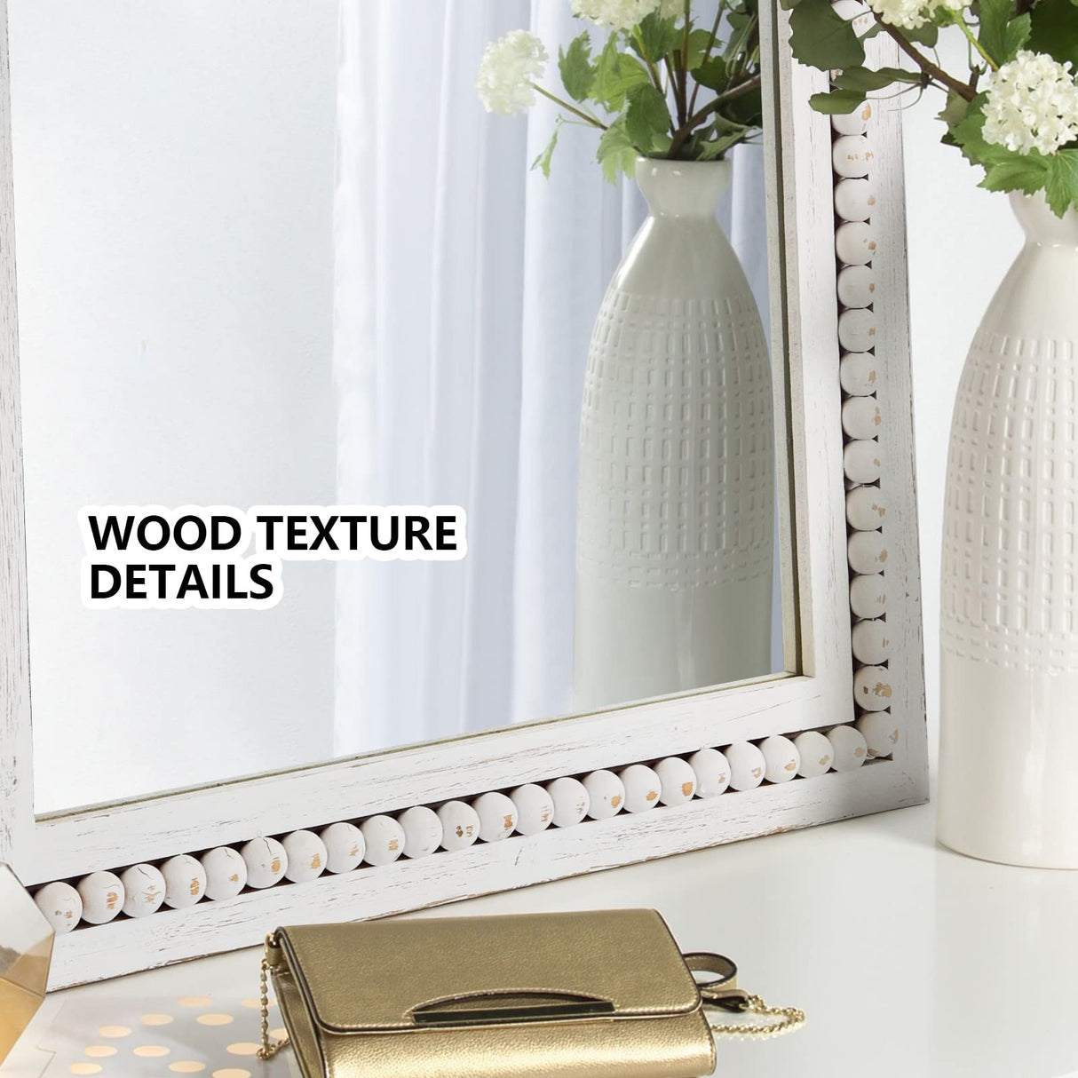H HOMEWINS Rustic Rectangle Mirror, 22x30 Wooden Square Mirrors,Farmhouse Wall-Mounted White Beads Decor Mirror for Bedroom, Bathroom, Living Room,Vanity H HOMEWINS