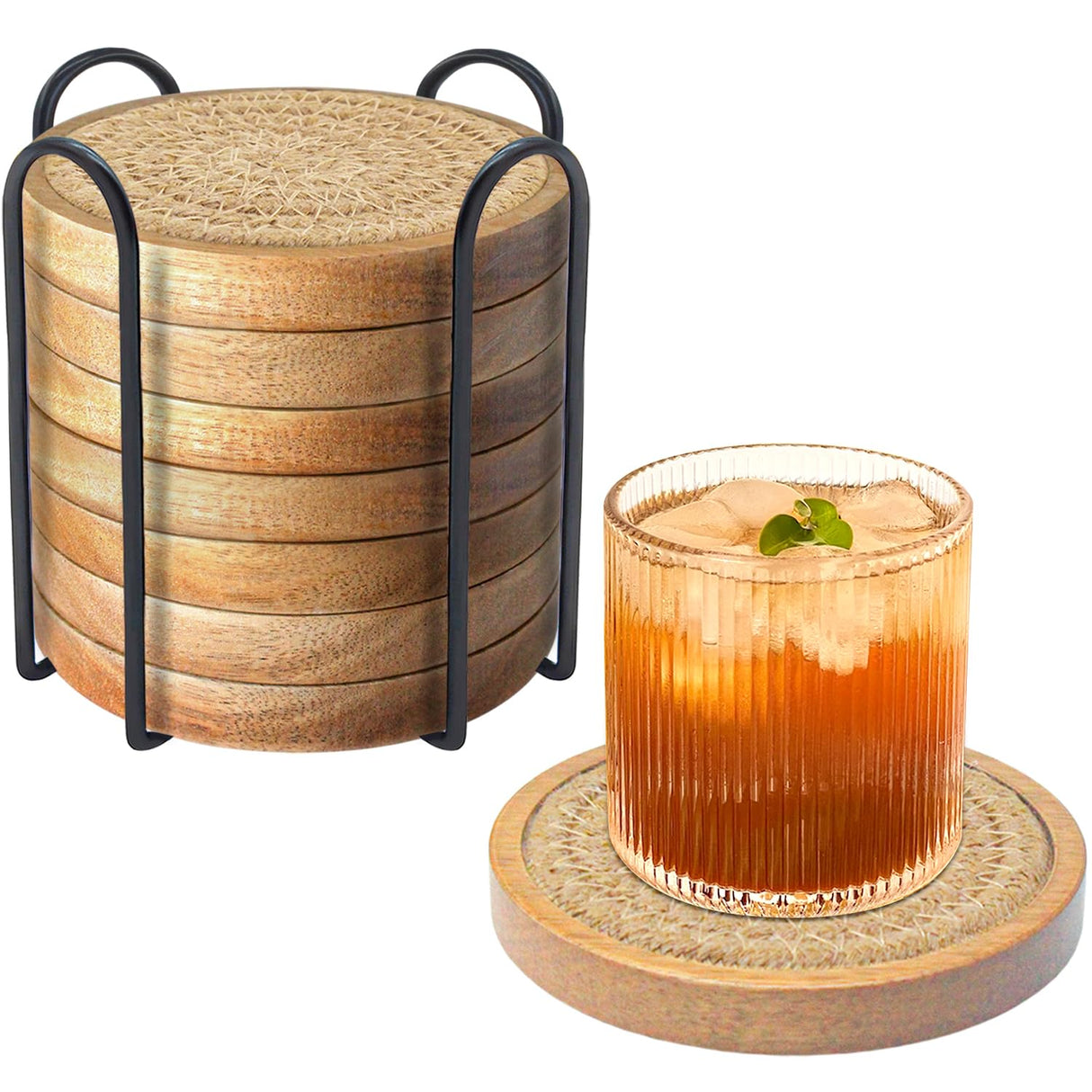 Eykao Wood Coasters for Drinks, Absorbent Coaster Sets of 8, Woven Drink Coasters for Coffee Table, Housewarming Gift for Farmhouse Home Decor,4.3 inches Brown Eykao