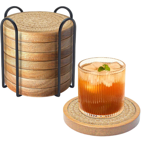 Eykao Wood Coasters for Drinks, Absorbent Coaster Sets of 8, Woven Drink Coasters for Coffee Table, Housewarming Gift for Farmhouse Home Decor,4.3 inches Brown Eykao