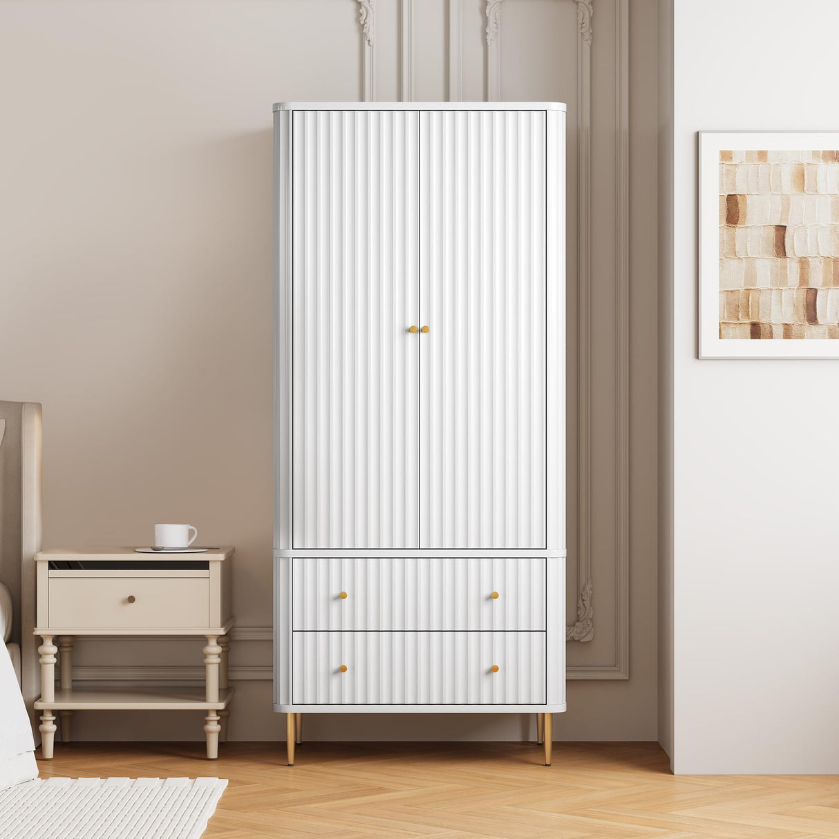 HLR Armoire Wardrobe Closet with Drawers, 72" Tall Modern Bedroom Armoire with Hanging Rod, Large freestanding Wooden Wardrobe Cabinet for Bedroom, Cloak Room (White) HLR