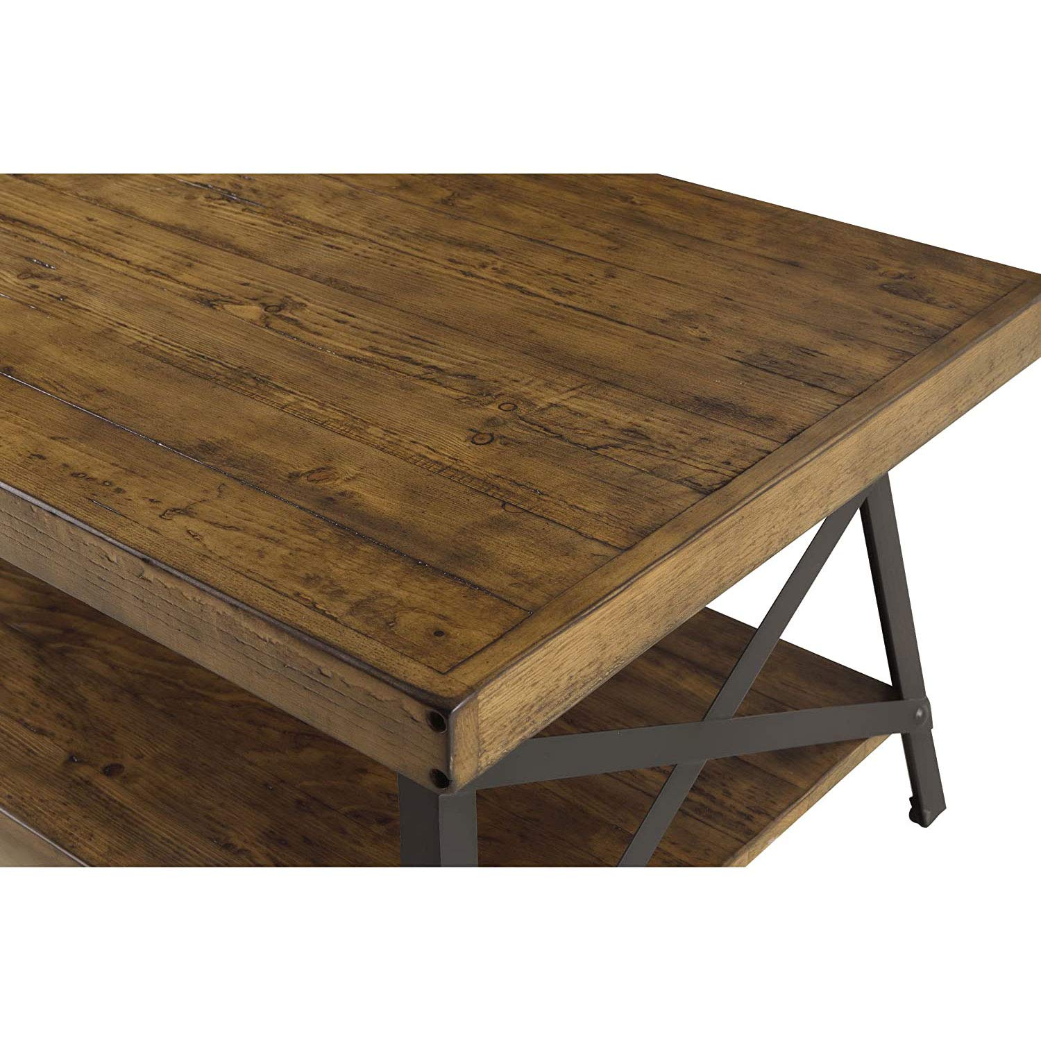 Emerald Home Furnishings Chandler Rustic Industrial Solid Wood and Steel Coffee Table with Open Shelf, Pine Brown,48" - WoodArtSupply