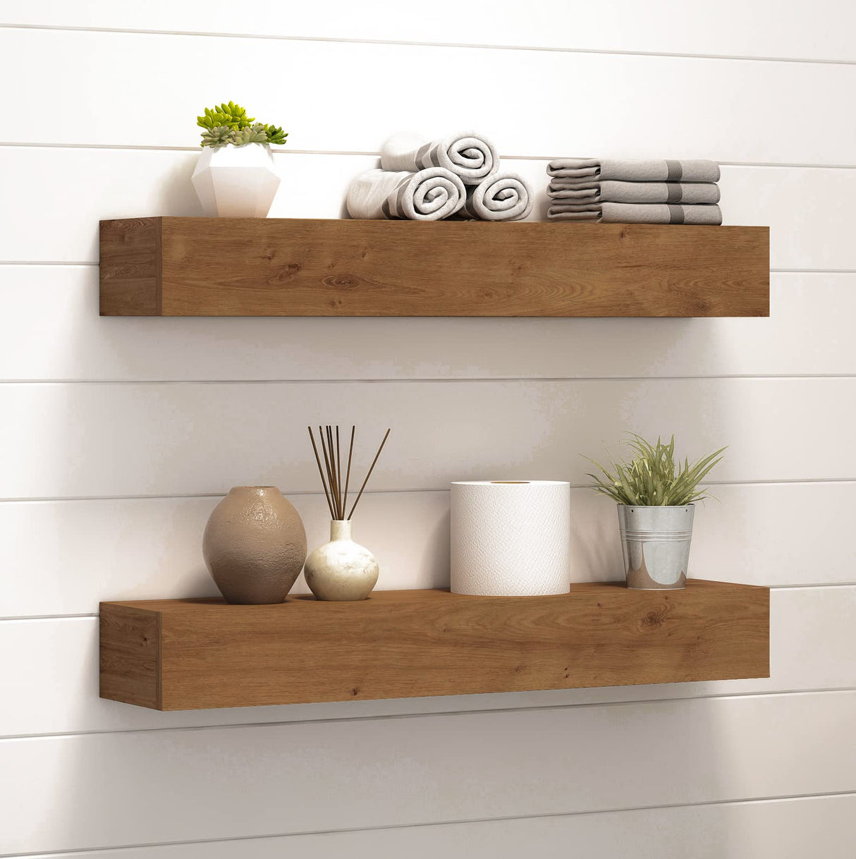 ROOREVO Wall Floating Shelves, Rustic Wood Wall Shelf Handmade (Light Walnut, 24 Inch - 2 Pack) ROOREVO