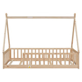 Mirightone Floor Bed for Kids, Twin Size Teepee Tent Beds, Montessori Floor Bed with Slats and Fence Rails, Wood House Bed Frame for Boys Girls, Natural Mirightone