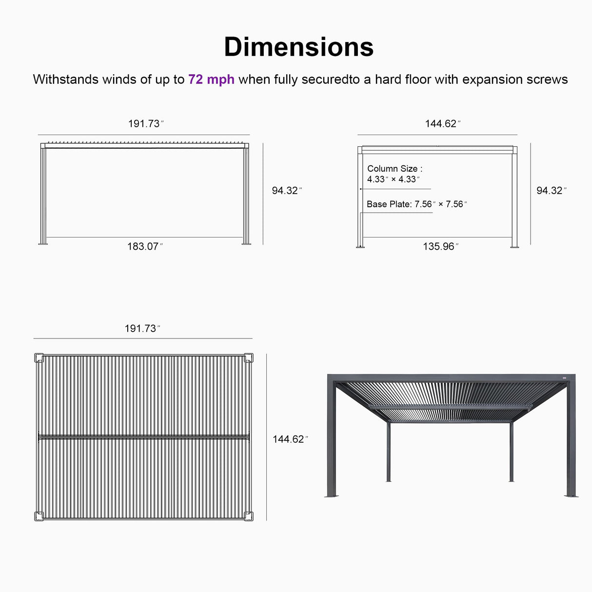 PURPLE LEAF LED Louvered Pergola 12'x 16' Full Aluminum Frame and Adjustable Roof Integrated Strip Lights for Outdoor Deck Garden Patio Gray Hardtop Gazebo Pergola PURPLE LEAF