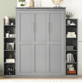 Merax Full Size Murphy Bed, Wooden Full Wall Bed with Shelves and LED Lights, Gray Merax