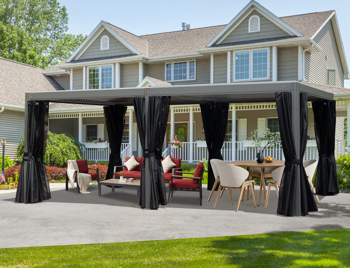 Domi Louvered Pergola 12' × 20', Outdoor Aluminium Pergola with Adjustable Roof, Curtains and Netting, Hardtop Gazebo for Patio, Deck, Garden, Yard, Beach(Gray) domi outdoor living