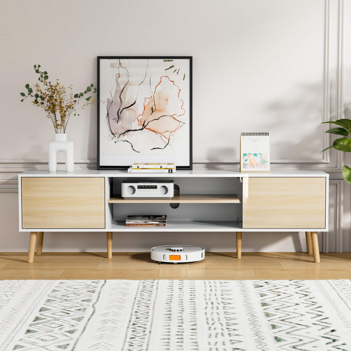 BVIUNTWO TV Stand for 75 Inch TV, Entertainment Center with Storage, 2 Cabinet Media Console Table, Wood Feet, Living Room, Bedroom Furniture,White&Oak BVIUNTWO