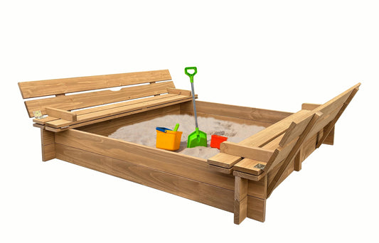 BTExpert Kids Large Wooden Sandbox 47x47 Outdoor Play Sandpit for Backyard Foldable Bench Seats Sand Protection Bottom Liner