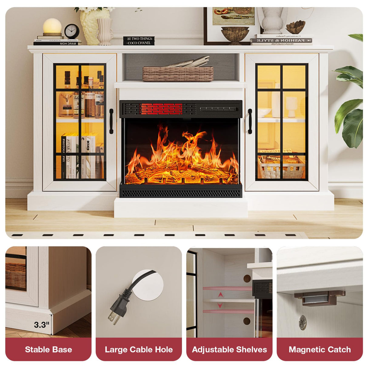 oneinmil 59'' Fireplace TV Stand, 3 Sided Glass Media Entertainment Center Console Table for TVs up to 65'' with Glass Door Adjustable Flame LED Color for Living Room, Set of TV Table, White oneinmil