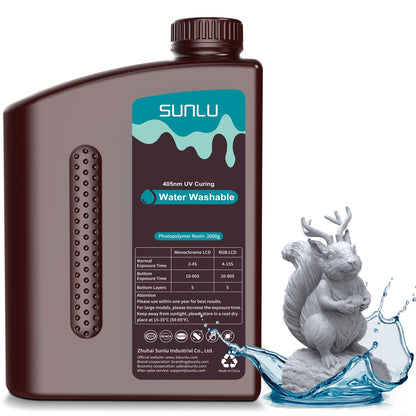 SUNLU Water Washable Resin 2000g, Fast Curing 3D Printer Resin for LCD DLP SLA Resin 3D Printers, 395 to 405nm UV Curing 3D Printing Liquid Photopolymer Resin, Low Shrinkage High Precision, 2kg, Grey