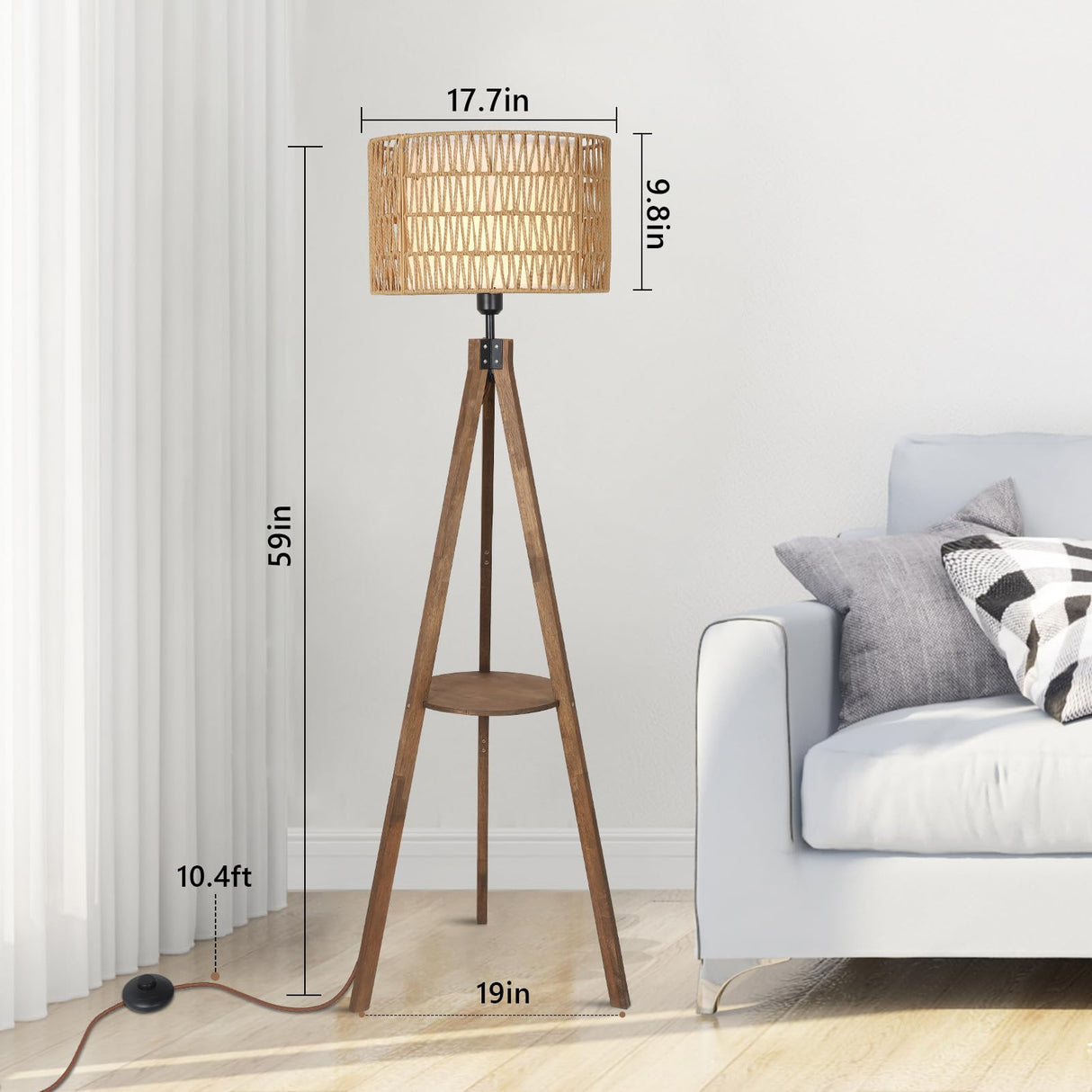 LAMSU Boho Tripod Floor Lamps for Living Room, Rattan Wood Floor Lamp with Fabric Shades, Mid Century Standing Lamp with Shelf, Foot Switch, Modern Farmhouse Tall Lamps for Bedroom Office Brown LAMSU