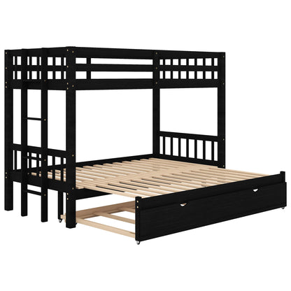 Twin Over Twin/King Bunk Beds with Trundle, Twin Over Pull-Out bunk Bed Accommodate 4 People for Kids, Adult, Extendable Bunk Beds with Ladder and Safety Rail,Espresso