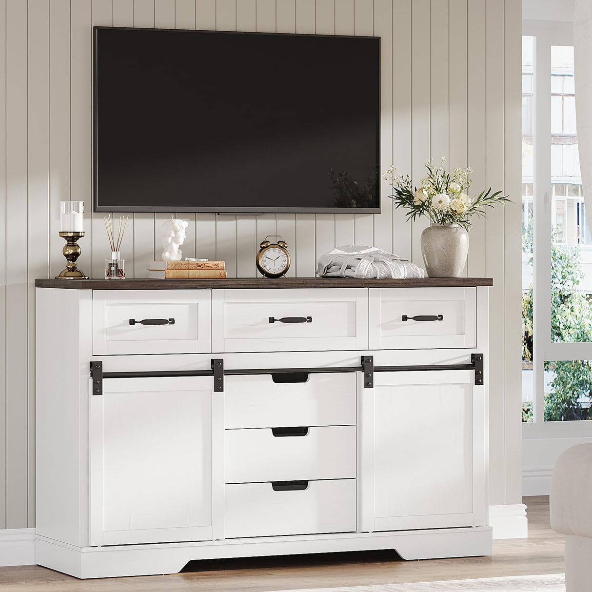 GAOMON Farmhouse 6 Drawers Dresser for Bedroom with Sliding Barn Doors, Wood Dressers & Chest of Drawers, Rustic Dressers TV Stand, Dresser Organizer for Bedroom, Living Room, White GAOMON