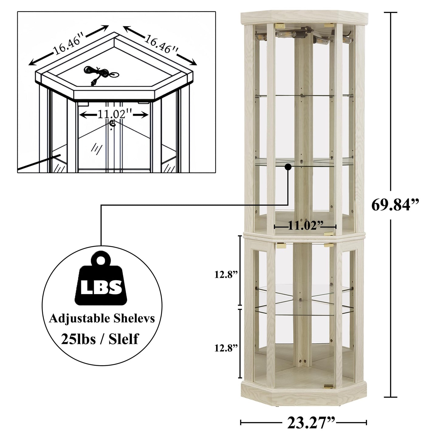 nifoti 69" H Lighted Curio Cabinet Corner Display Case,Corner Glass Cabinet with Tempered Glass Door and Adjustable Shelves,Wooden Corner Curio Cabinet with Mirrored Back Pane(Style 1 - Antique White)