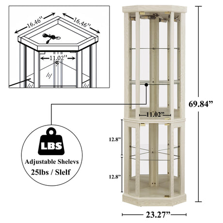 nifoti 69" H Lighted Curio Cabinet Corner Display Case,Corner Glass Cabinet with Tempered Glass Door and Adjustable Shelves,Wooden Corner Curio Cabinet with Mirrored Back Pane(Style 1 - Antique White) nifoti