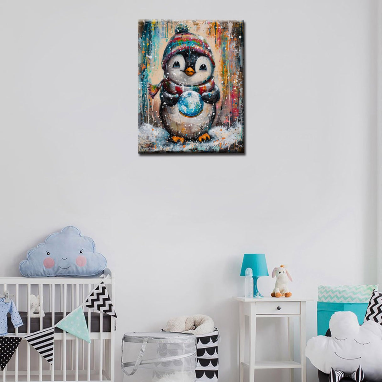 Cute Penguin Holding a Snow Globe Paint by Numbers for Adults Kids and Beginners DIY Easy Canvas Animal Oil Painting Acrylic Pigment Kits Modern Graffiti Style Home Wall Decor Gift 16x20In (Frameless) Aihonmin