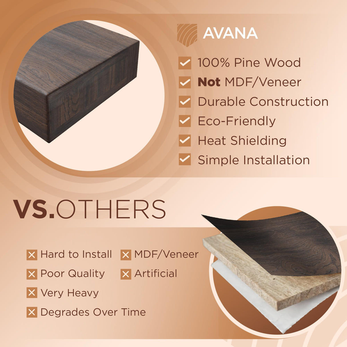 Avana Fireplace Mantel Shelf 48 inches - Natural Mantles for Over Fireplace - Wall Mounted Fireplace Mantels, Handcrafted Wood Mantle Mount, Rustic Brown Floating Mantle Shelves - 48 X 8 X 3 Inch Avana