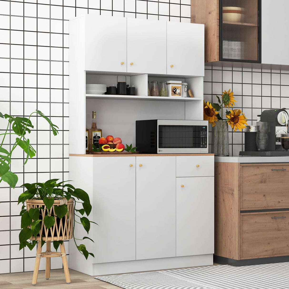 LOKO 71” Tall Kitchen Hutch Storage Cabinet, Freestanding Buffet Cupboard with Outlets & USB Ports, 3-Position Adjustable Shelves, Modern Pantry Cabinet with Microwave Stand for Dining Room, White LOKO