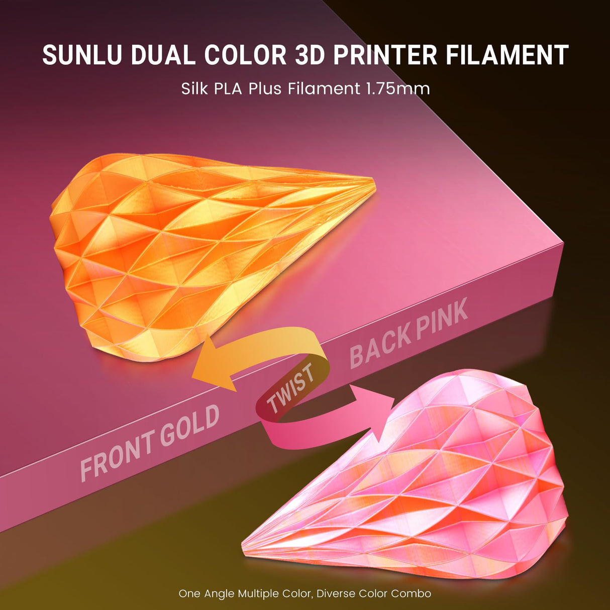 SUNLU Silk PLA Plus 3D Printer Filament, Dual Color Shiny PLA+ Filament 1.75mm, Silk Textures, 360° Spin Unveils Varied Colors, Dimensional Accuracy +/- 0.02mm, 1KG Spool(2.2lbs), Silk Pink Gold SUNLU