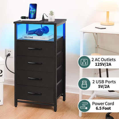 Yoobure Night Stand - Small Dresser for Bedroom, LED Black Nightstand with Charging Station, Bedside Table with 4 Fabric Drawers and Open Shelf, Vertical Dressers with USB Ports and Outlets