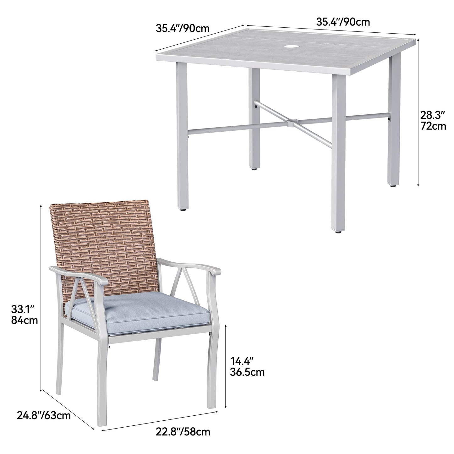 YITAHOME 5-Piece Patio Dining Set, Outdoor Wicker Conversation Furniture w/2" Umbrella Hole Imitation Wood Grain Dining Table for Backyard, Balcony and Garden - WoodArtSupply