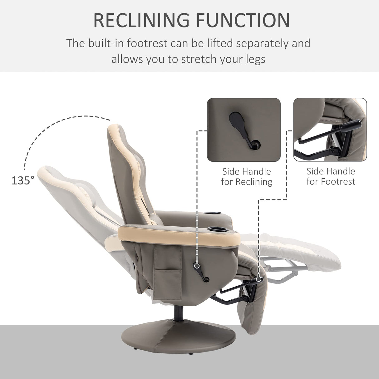 HOMCOM Manual Recliner Armchair PU Leather Lounge Chair w/Adjustable Leg Rest, 135° Reclining Function, 360° Swivel, Cup Holder and, Storage Pocket HOMCOM