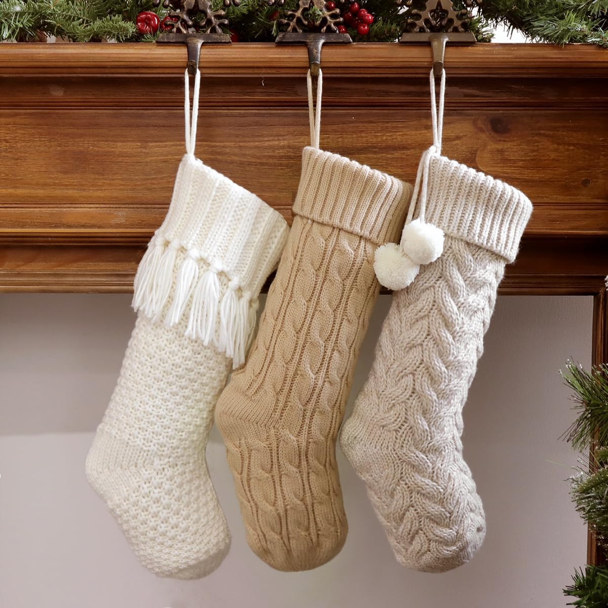 LimBridge Christmas Stockings Cable Knit, 3 Pack 18 inches Large Size Knitted Xmas Stockings, Rustic Farmhouse Boho Style Stocking Decorations for Family Holiday Season Decor, White & Beige LimBridge